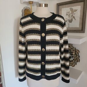 TALBOTS PETITE Combed Cotton Crewneck Cardigan Metallic Stripe XL